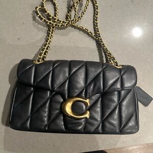 Black Quilted Leather Bag with Gold Chain